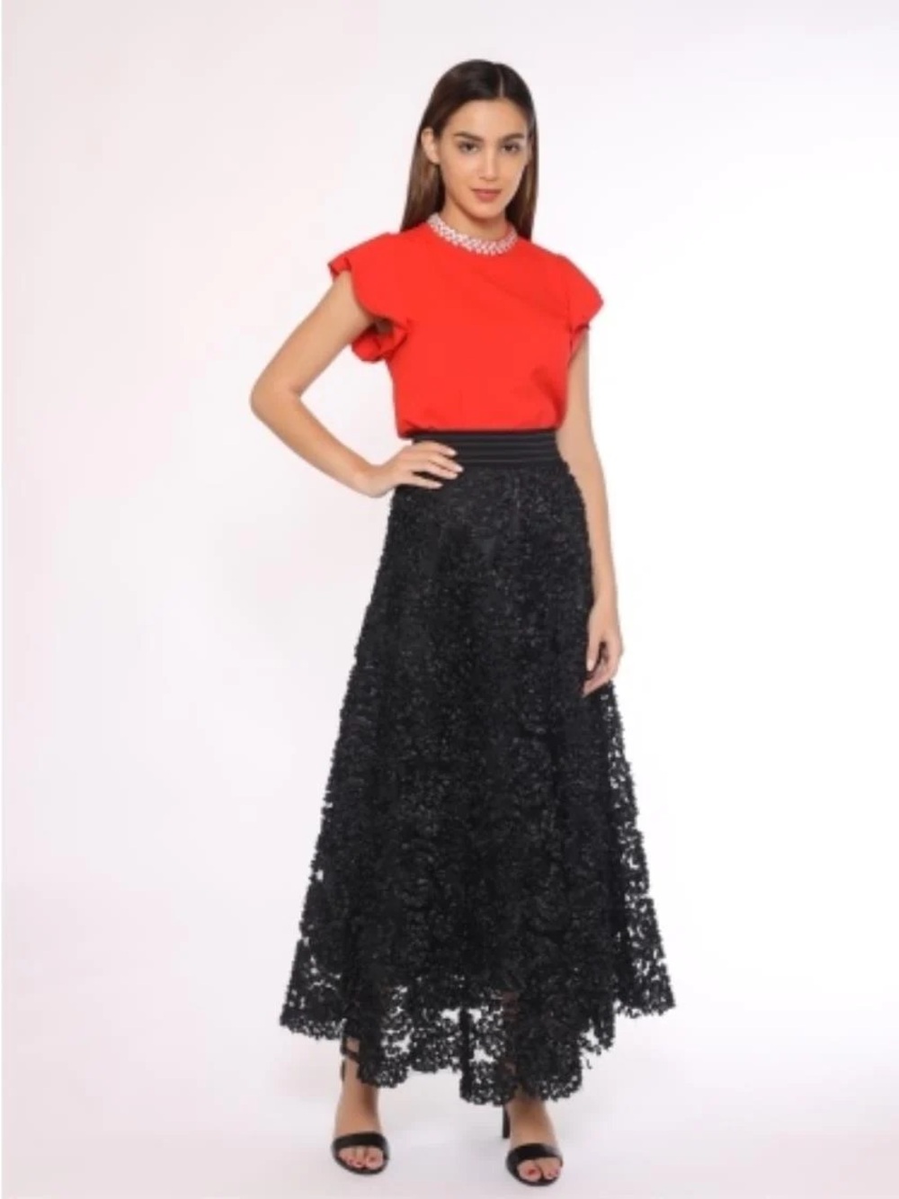 Gracia Black 3D Floral Maxi Skirt Formal Wedding Guest Outfit Large